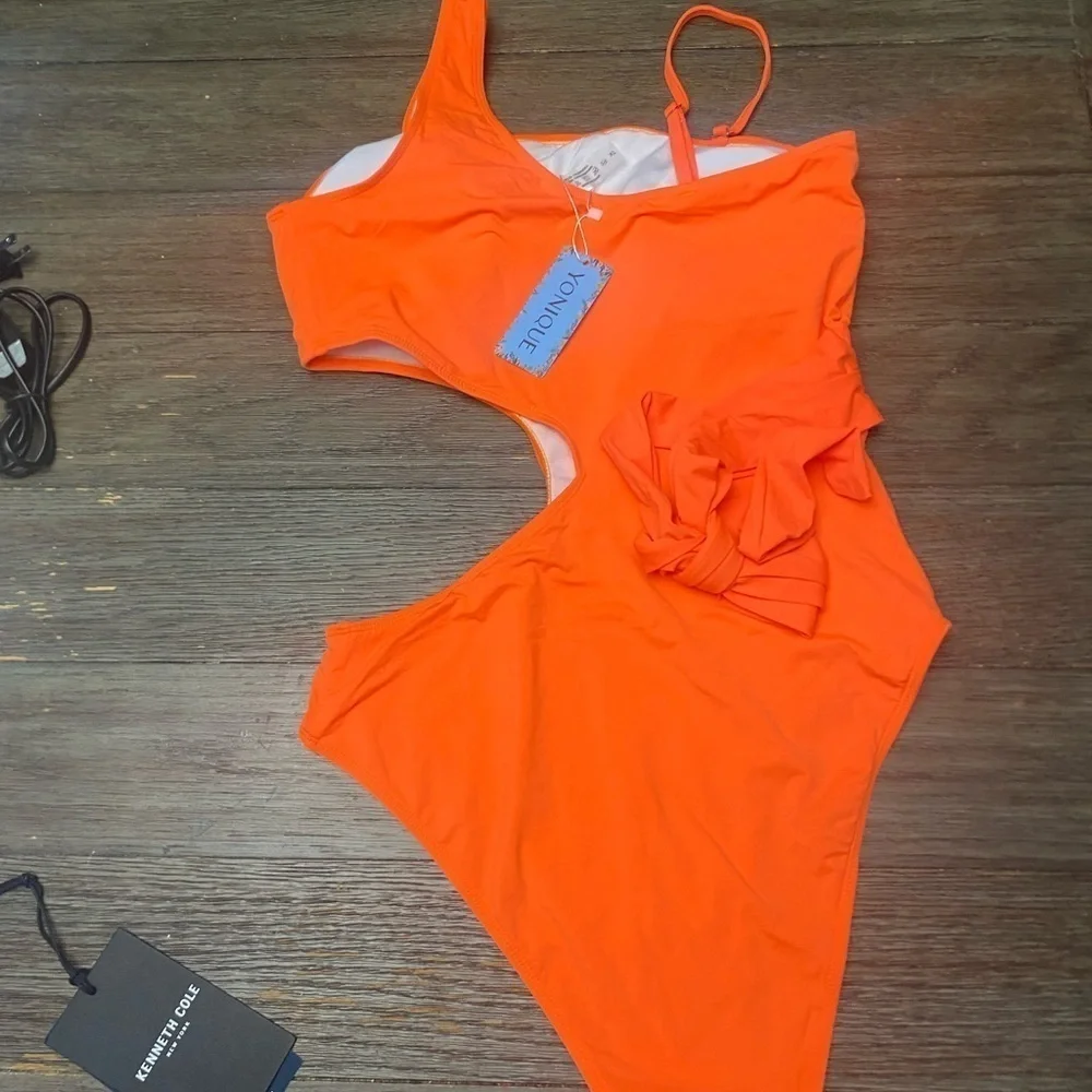 Women's One-Pieces Plain Sexy Swimsuit Asymmetrical Neck Orange XL